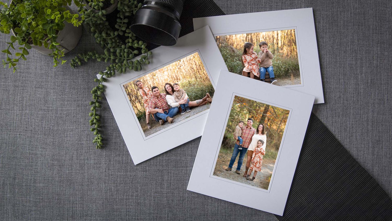 Three matted prints featuring photos from a family session at Dunnavant Valley Park, Birmingham
