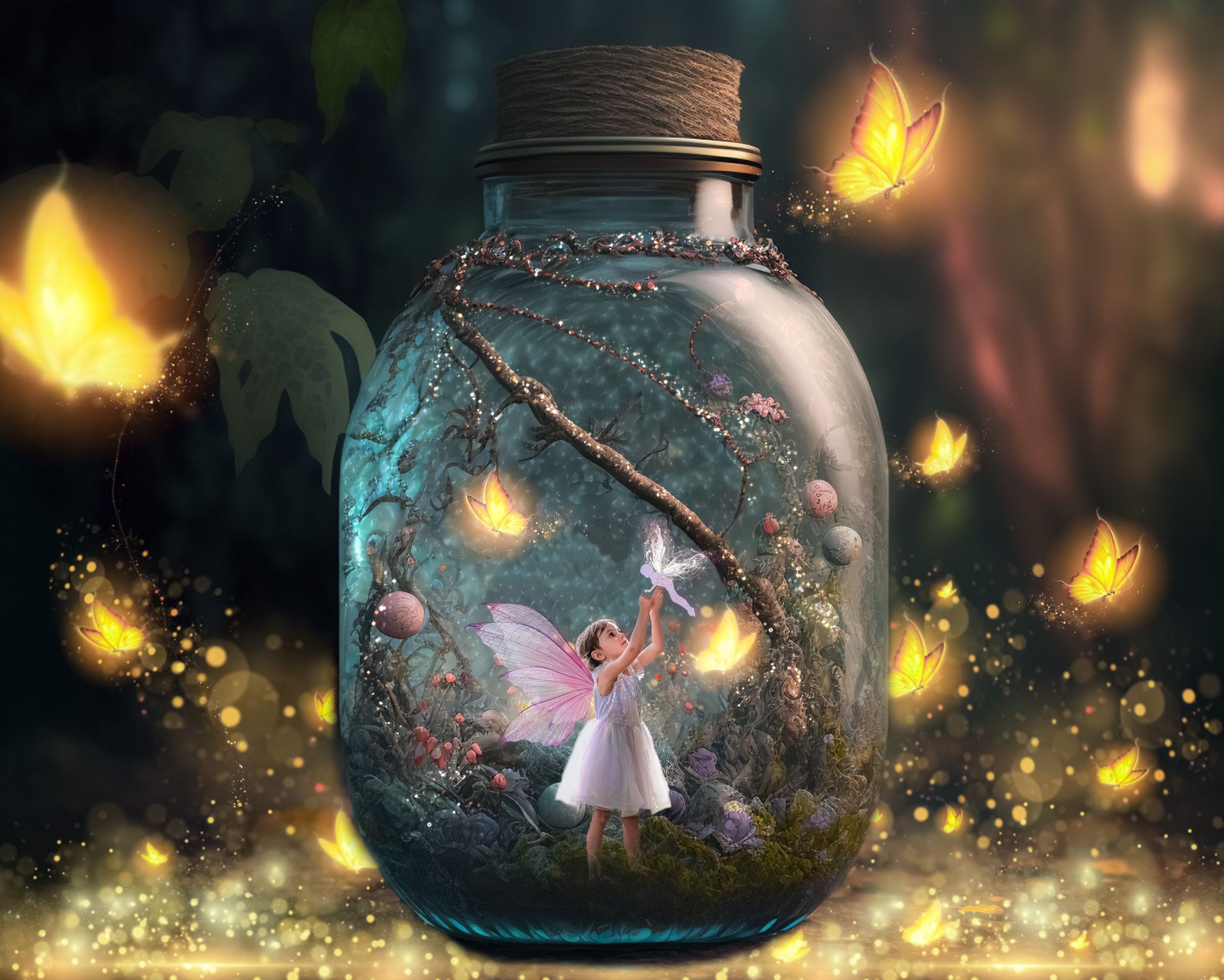 Magical glowing fireflies emerging from glass mason jars in a dark mystical setting.
