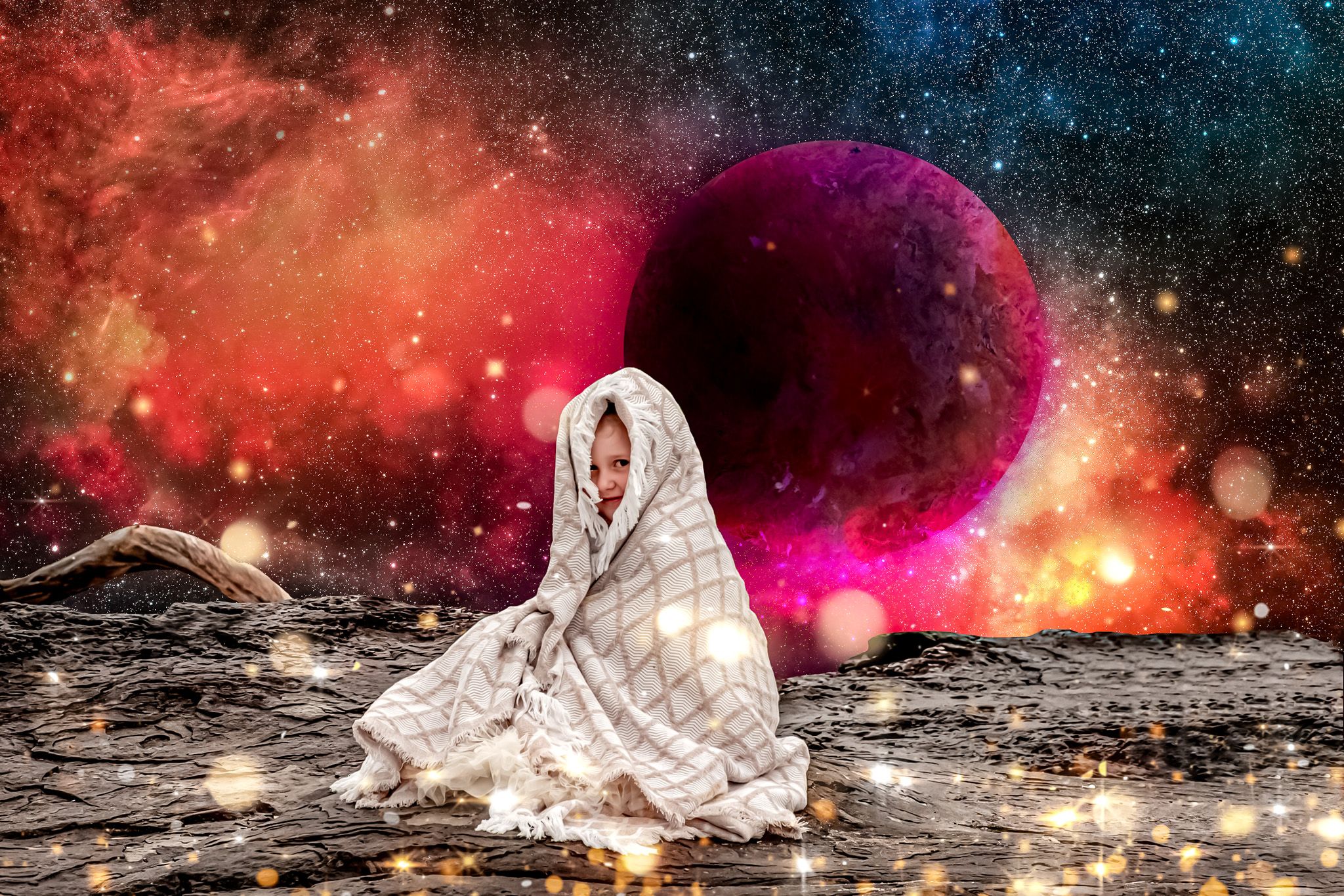 Ethereal space-themed photography with red nebula effects and glowing lights on a dark background.