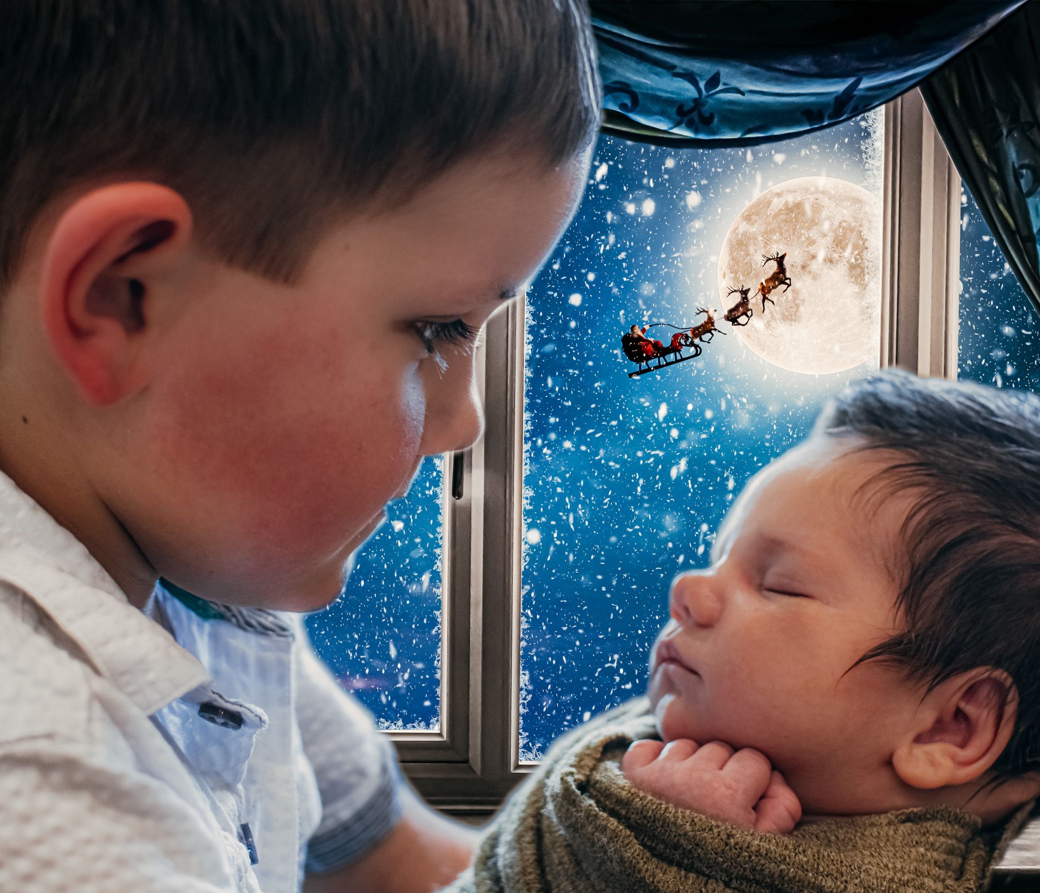 Children gazing out a window at a starry night sky with magical winter scenery.