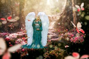 Enchanted garden scene with teal dress and scattered flower petals.