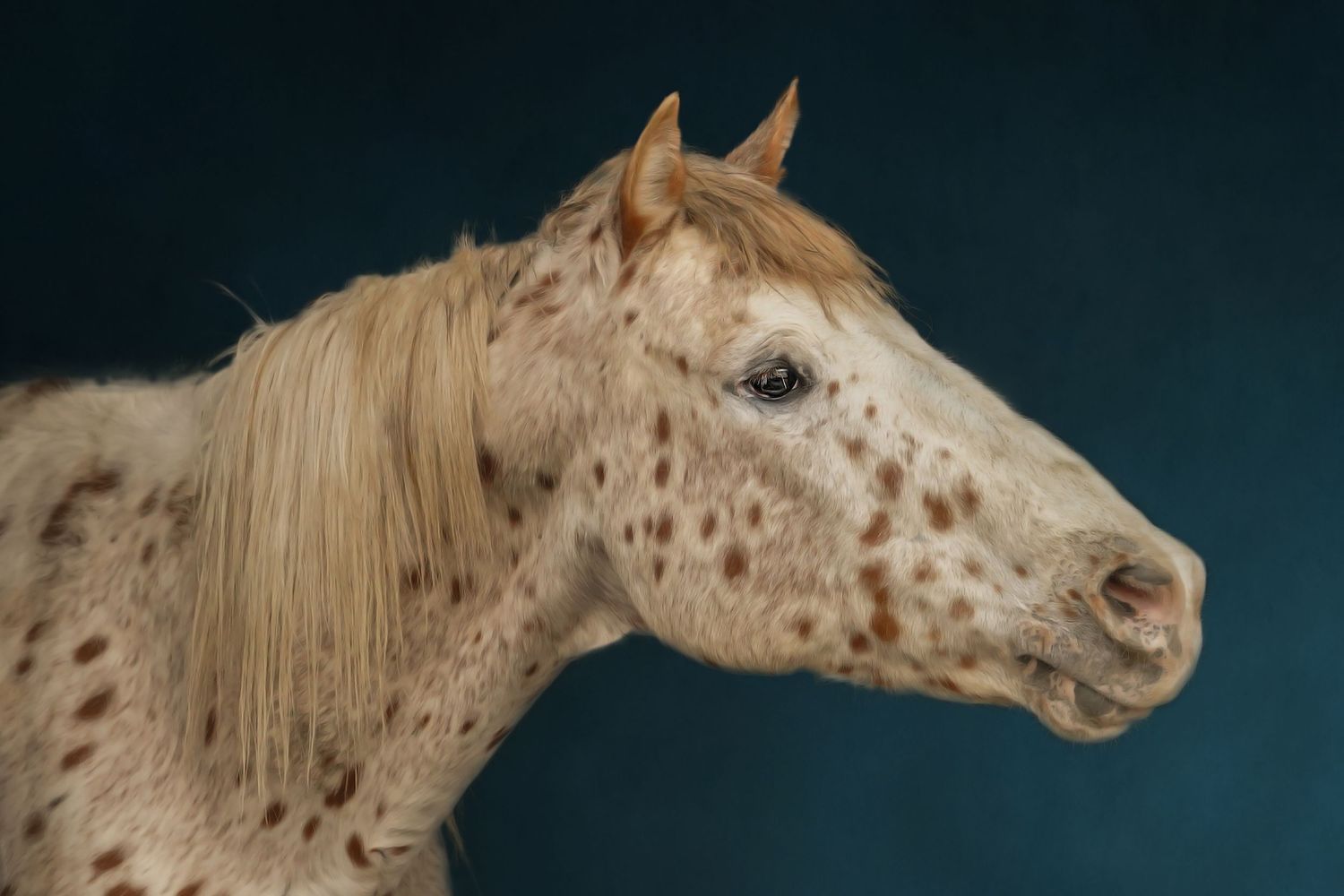 Side profile of an Appaloosa horse with distinctive spotted coat pattern and light colored mane against dark background.