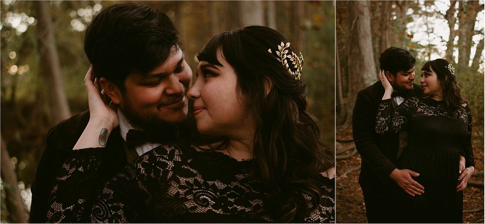 Close-up romantic portraits of a couple in black attire against a forested backdrop.