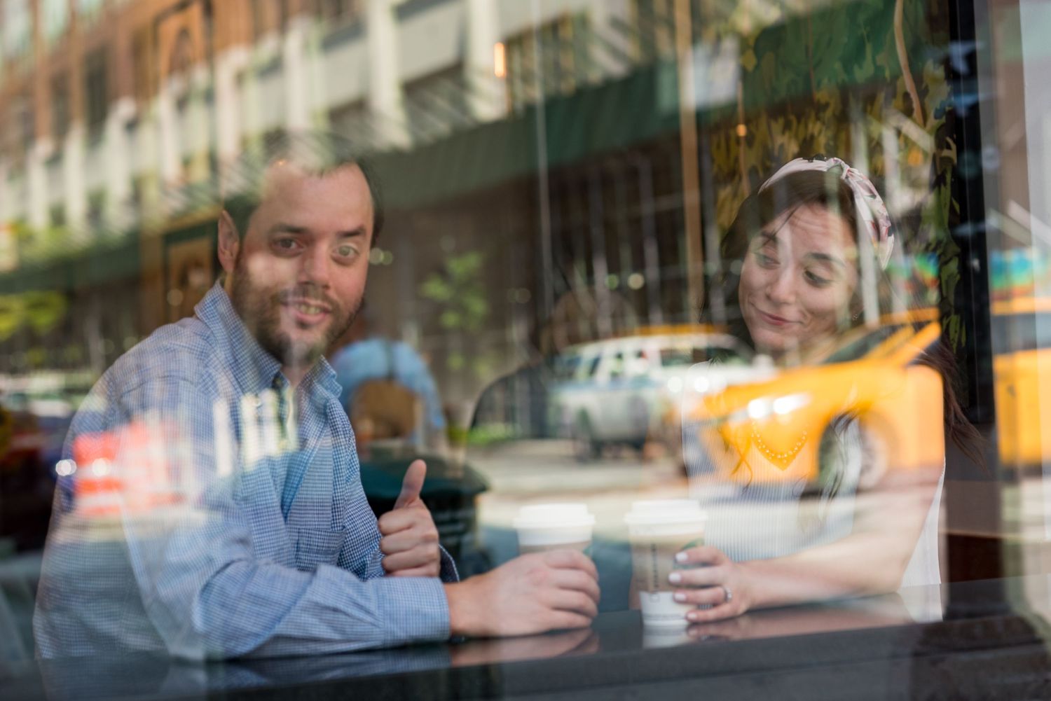 Engagement photos in Manhattan NYC yellow taxi cab New York Destination engagement portraits Leah Ramuglia Photography