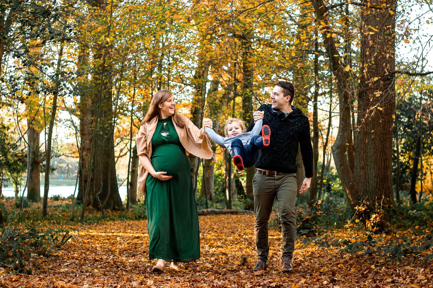 Autumn in the woods at Staunton Country Park, Hampshire, parents swing their three year old son between them laughing.