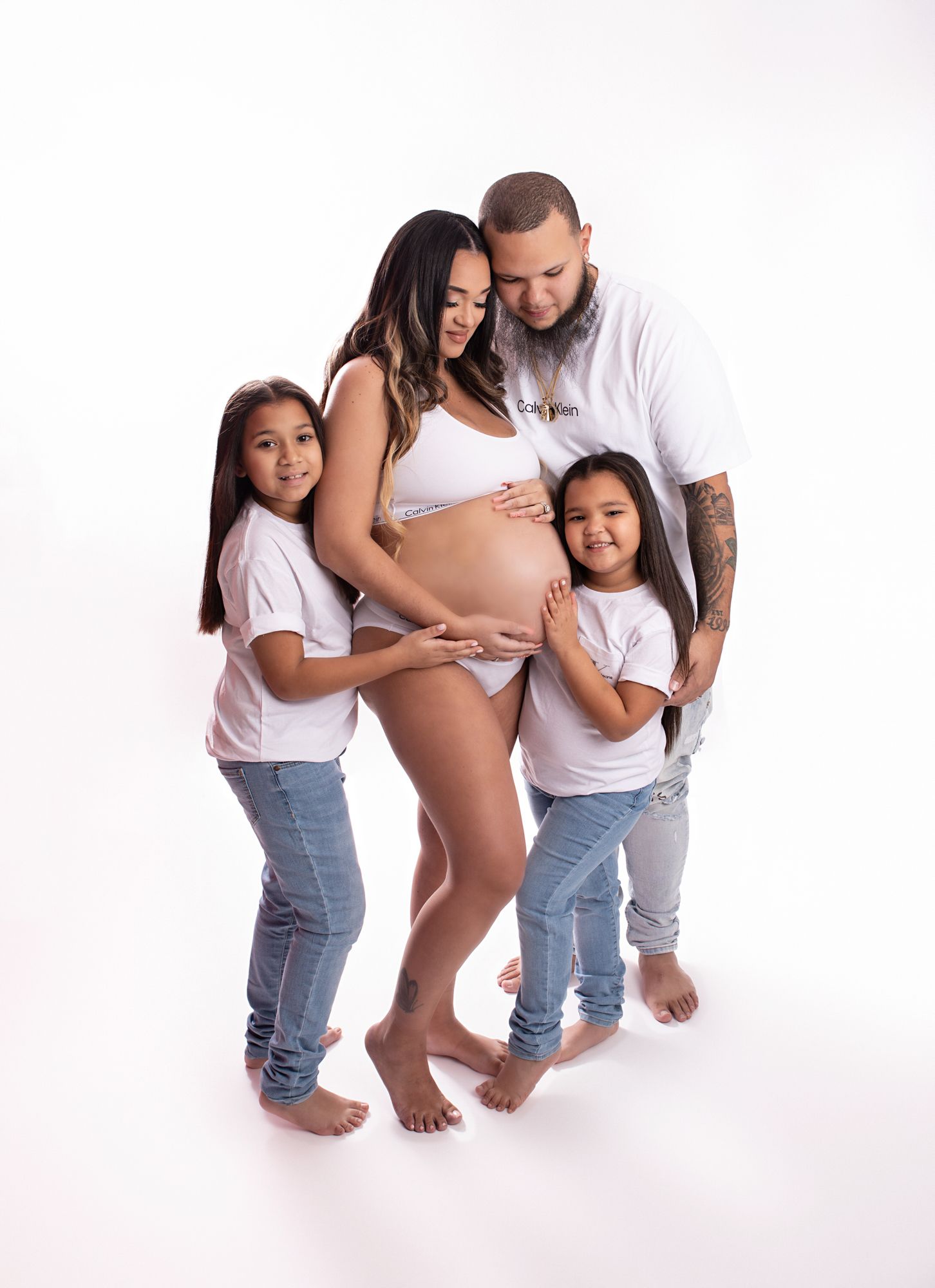 Family Maternity Photo - Jeans and Sports Bra - Dawn Talia Photography - Port Chester, NY
