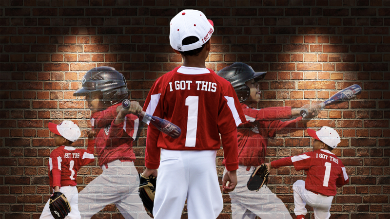 Baseball themed composite showing multiple action poses in red uniforms against brick wall.