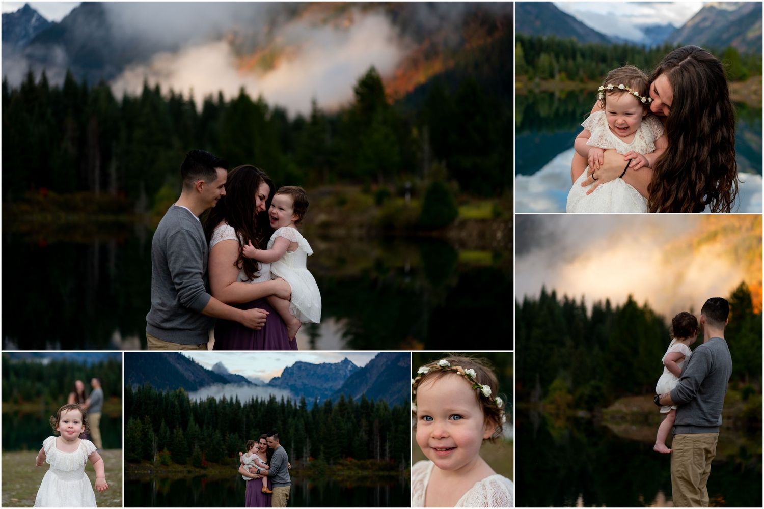 Collection of outdoor family portraits taken in misty mountain landscape.
