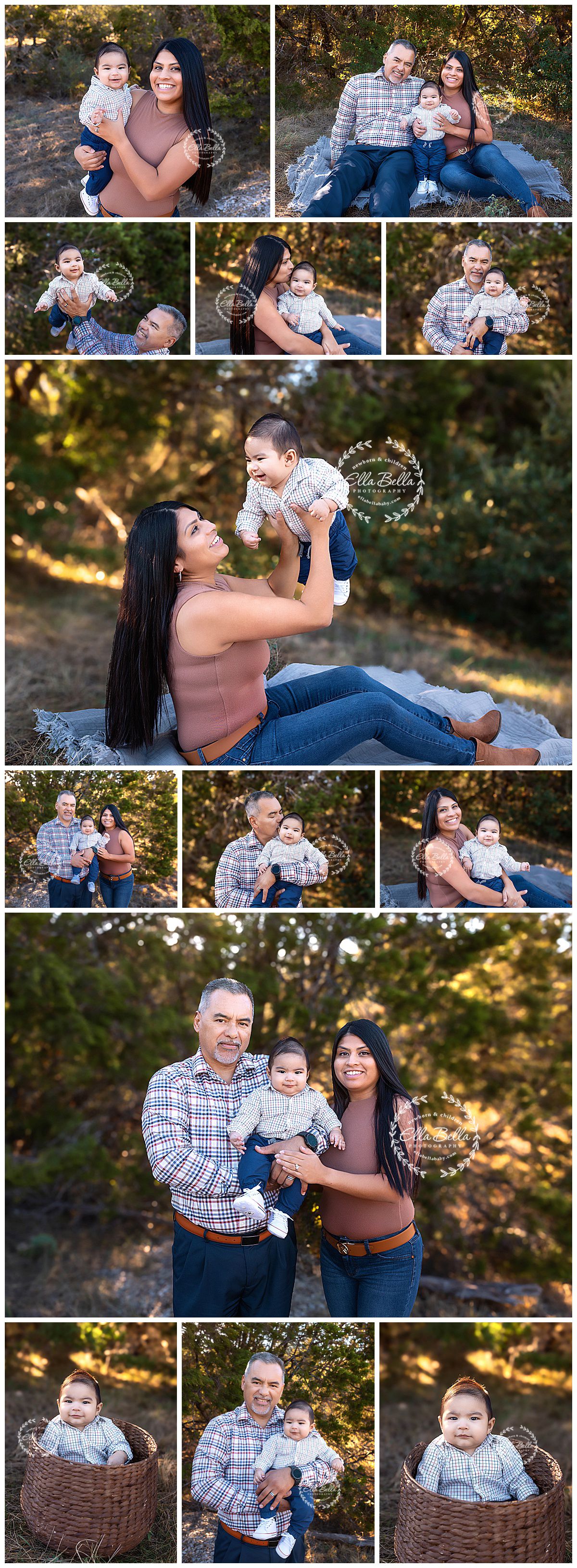 Outdoor family photo session collage featuring natural candid moments.