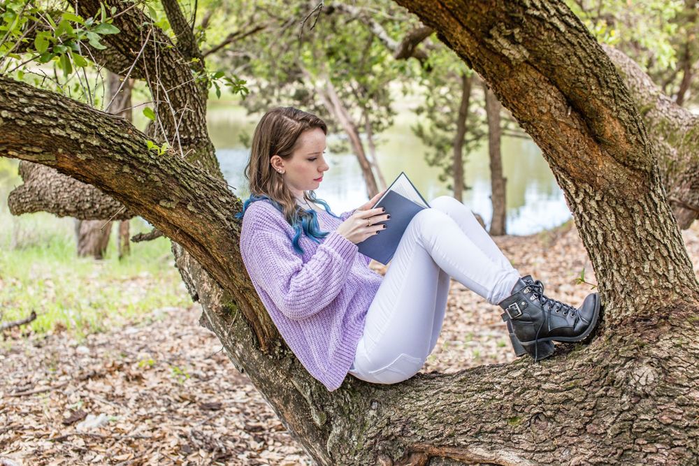 Someone relaxing with a book while sitting comfortably in a curved tree trunk.