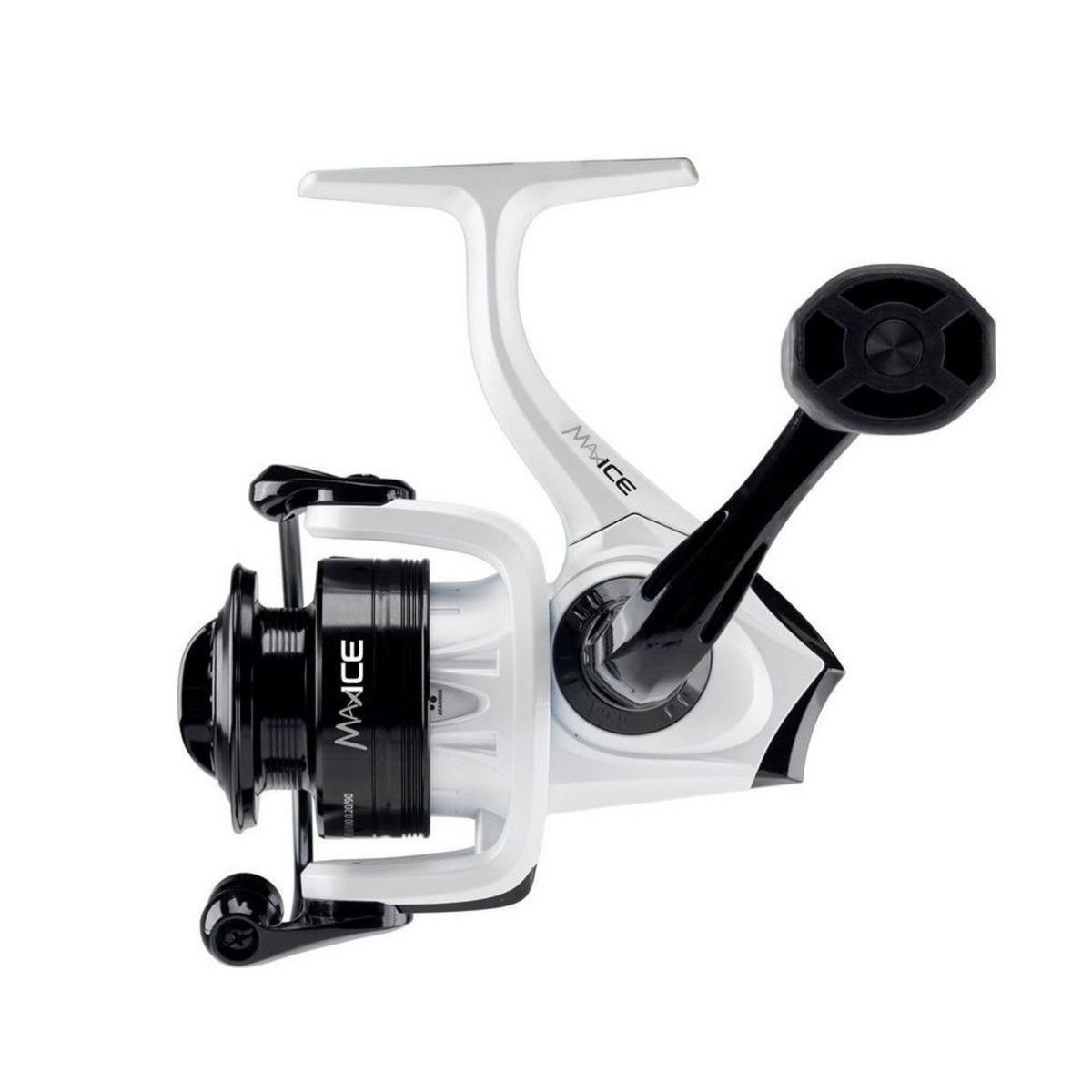 White and black spinning fishing reel with folding handle and smooth drag system.