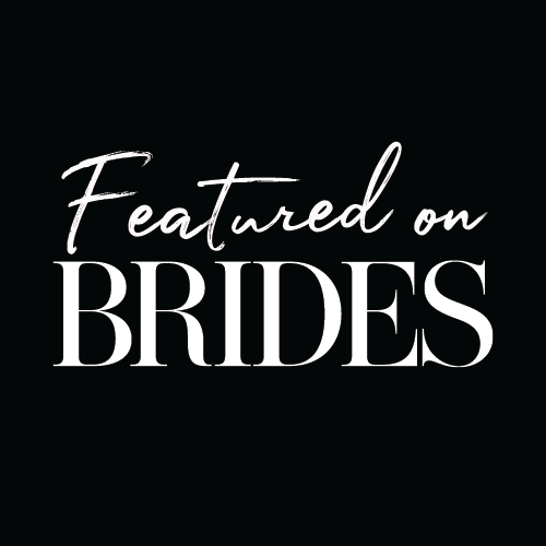 Featured on Brides magazine badge, white script and serif text on black background.