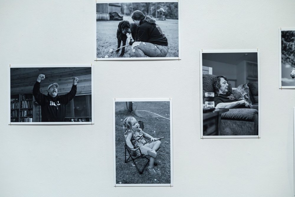 Four vintage photographs arranged in a cluster showing outdoor activities and interactions.