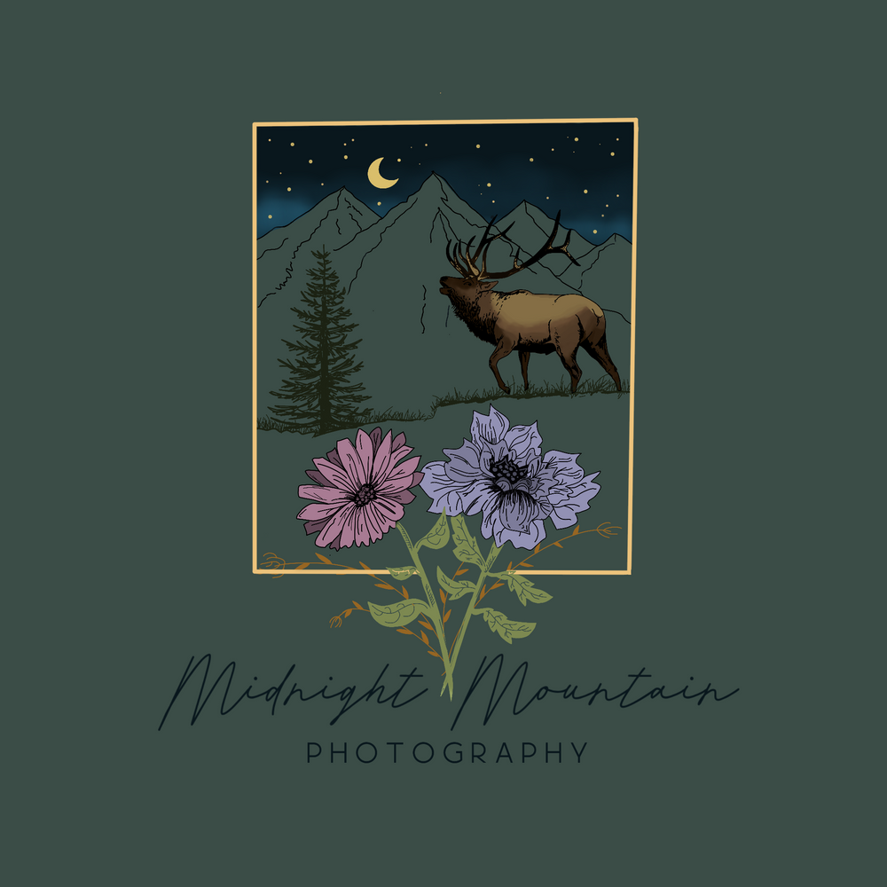Midnight Mountain Photography logo with elk, mountains, moon, and flowers on green.