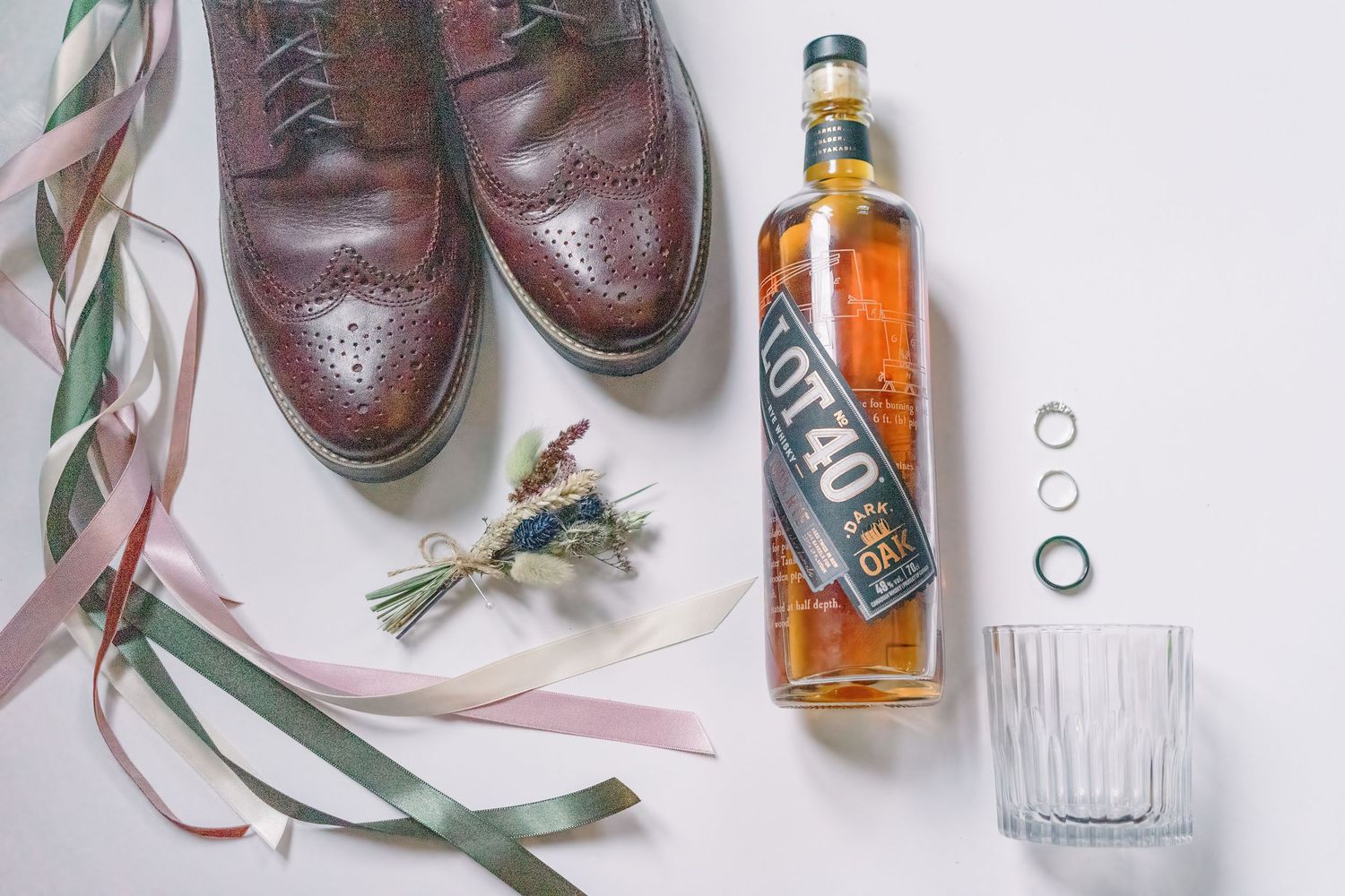 Groom wedding details whisky whiskey wedding rings shoes flowers button hole