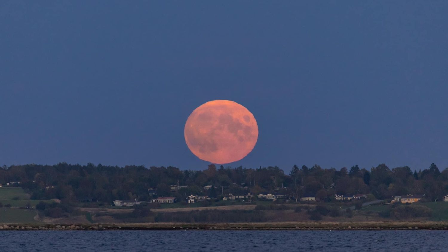 Large orange full moon rising over rural landscape at dusk.
