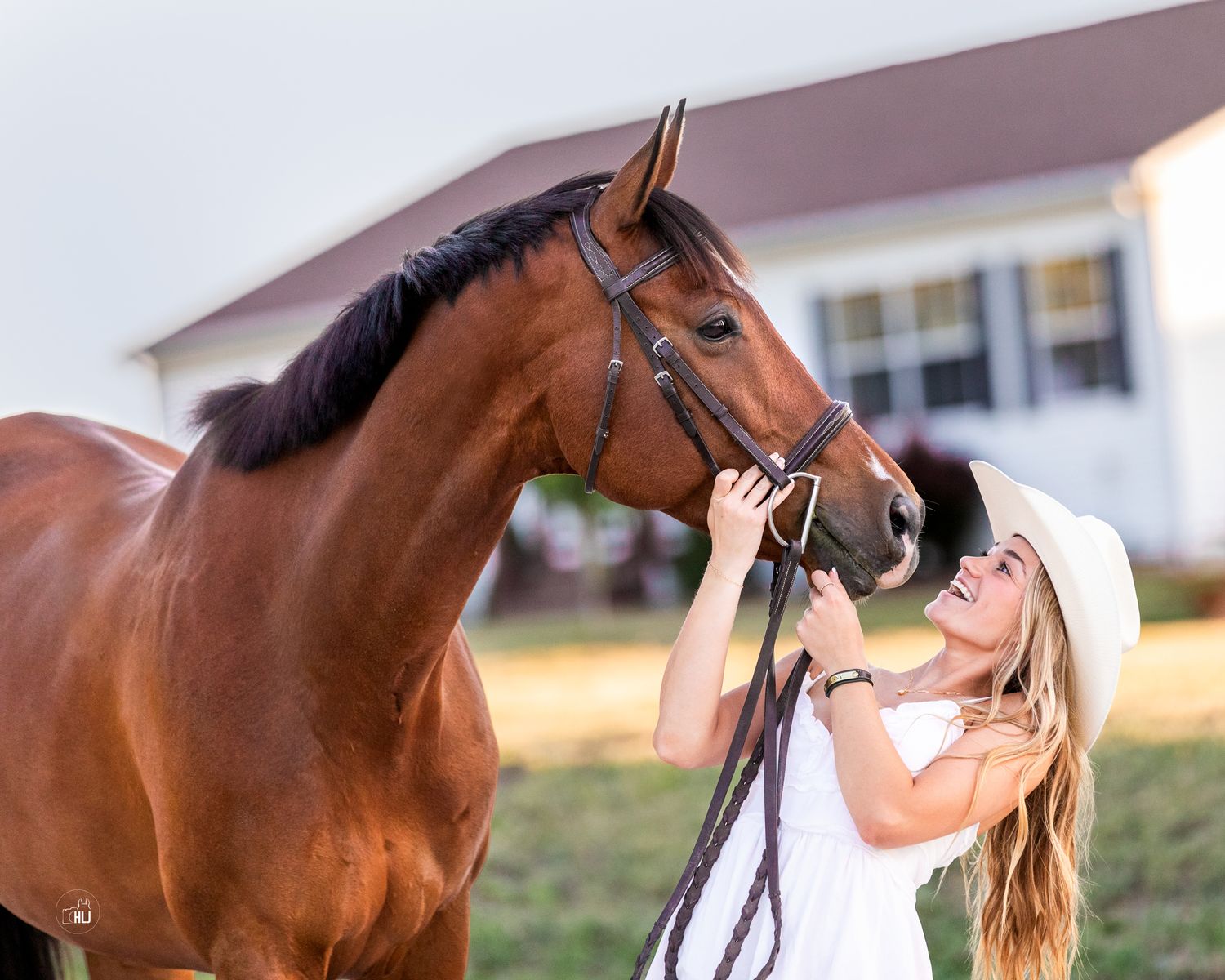 A beautiful bay horse and someone sharing an affectionate moment outdoors in front of a white building.