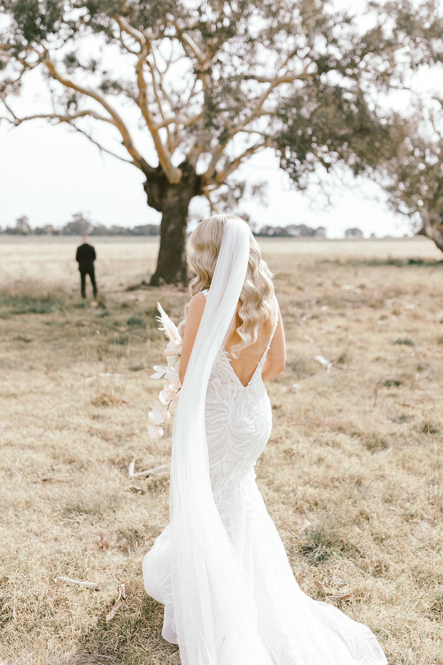 Bride in fitted white gown with long veil stands in field with large tree and distant figure.