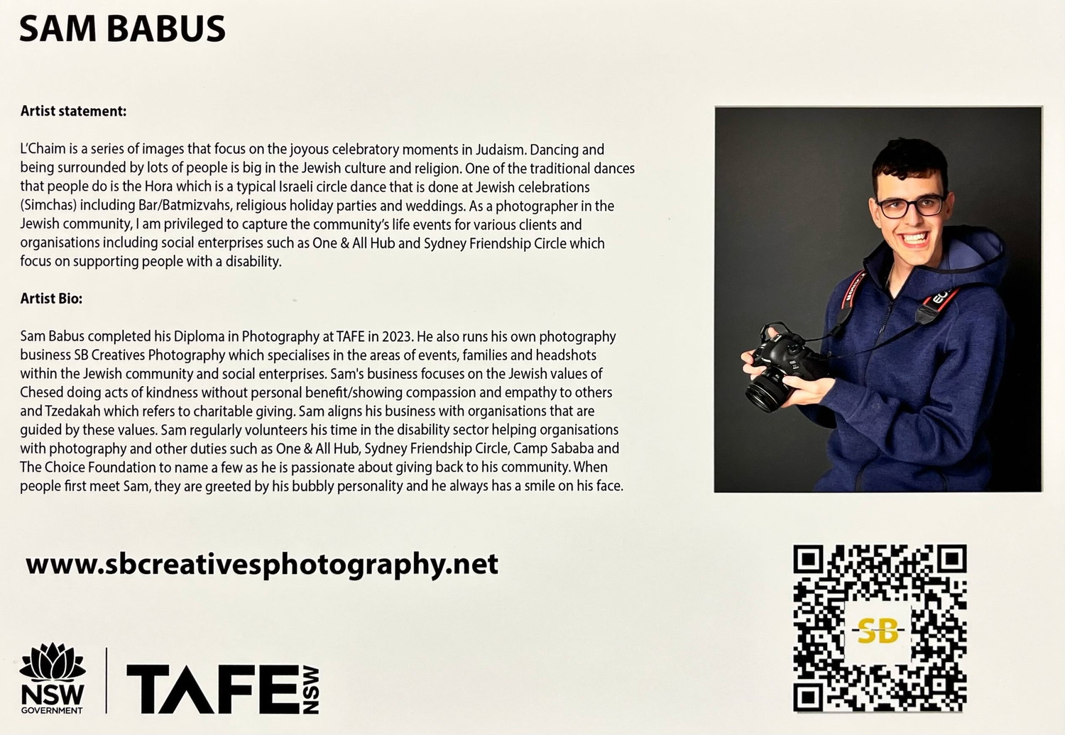 Professional profile page showing bio and headshot of photographer with TAFE NSW logo.