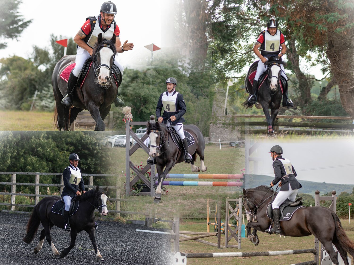 A collection of action shots showing riders jumping over various obstacles during equestrian events.