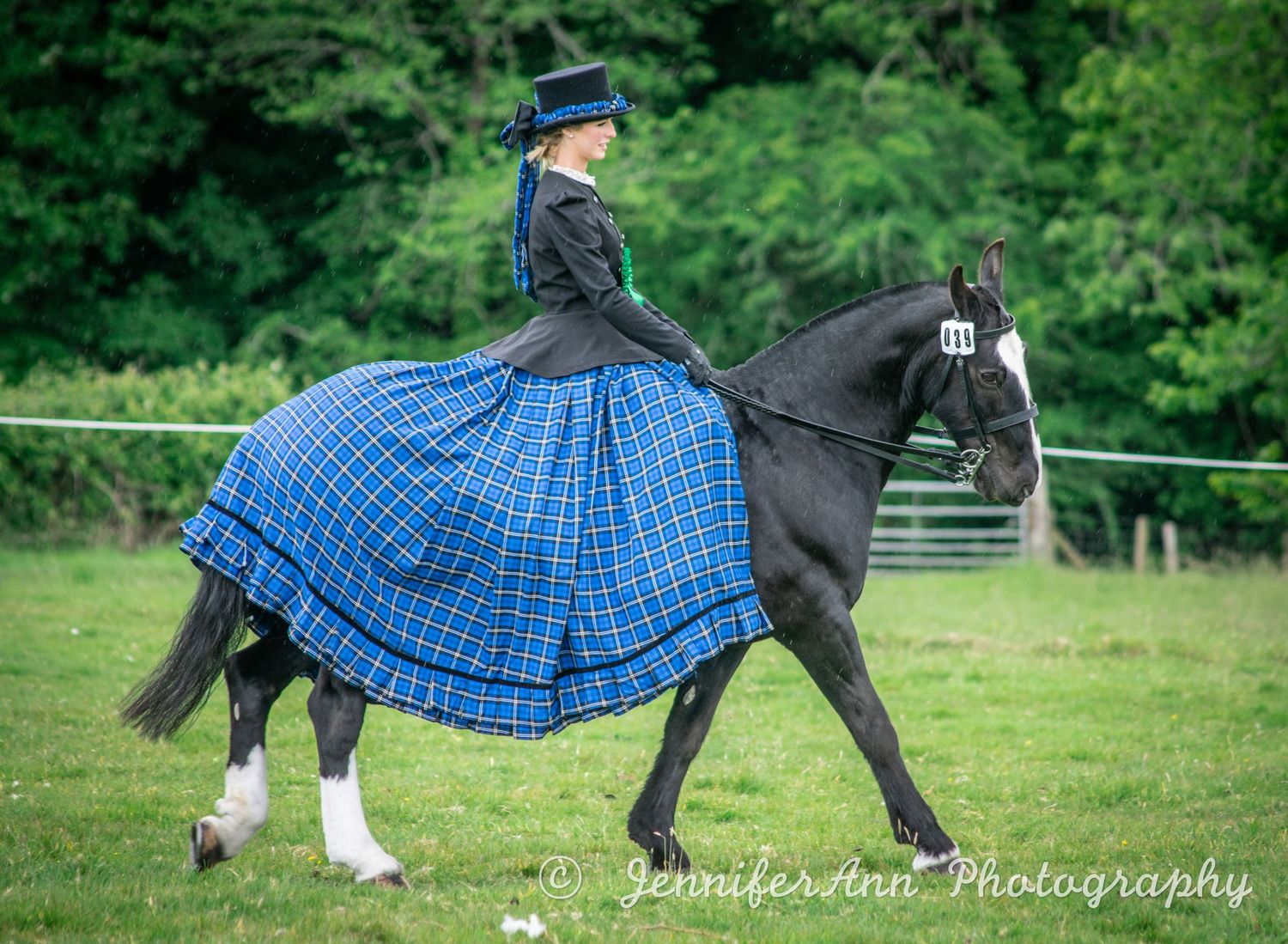 Horse wearing blue plaid riding skirt shown in sequence moving across green field.