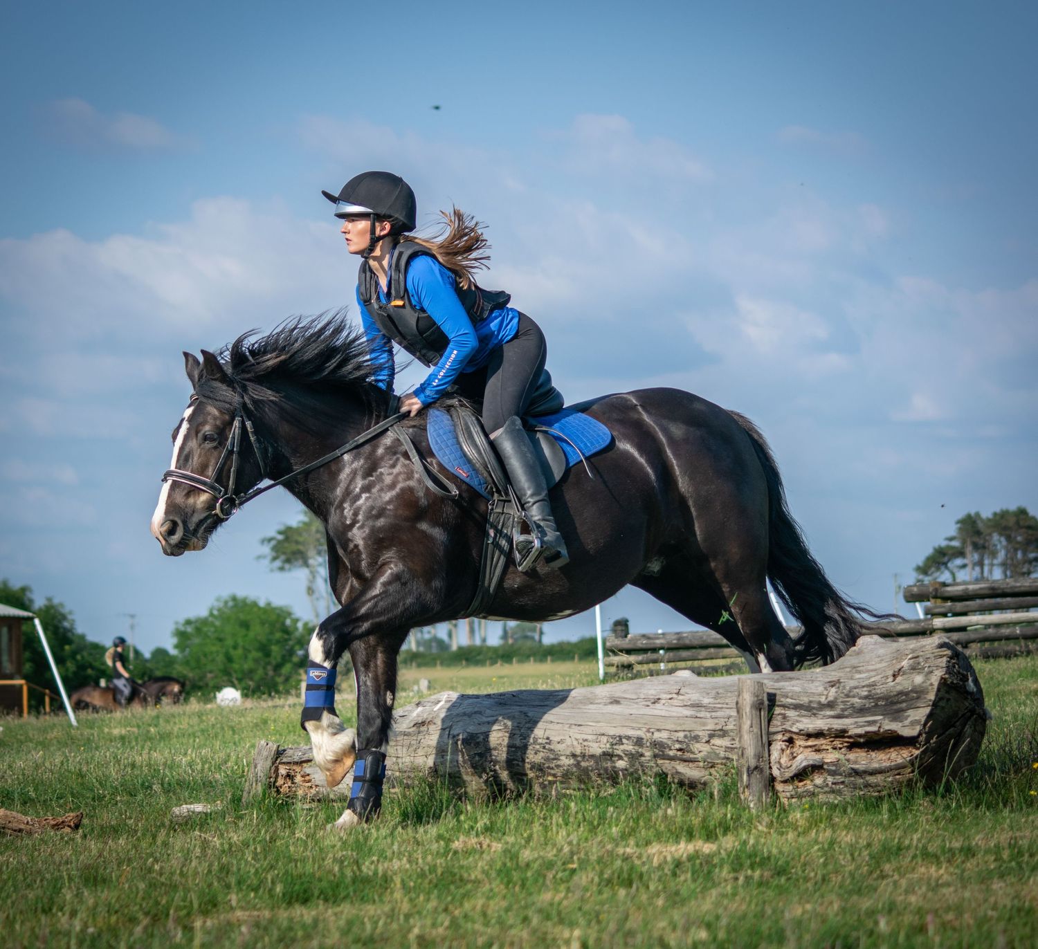 Multiple frames capturing horse and rider performing jumps over natural obstacles in an outdoor course.