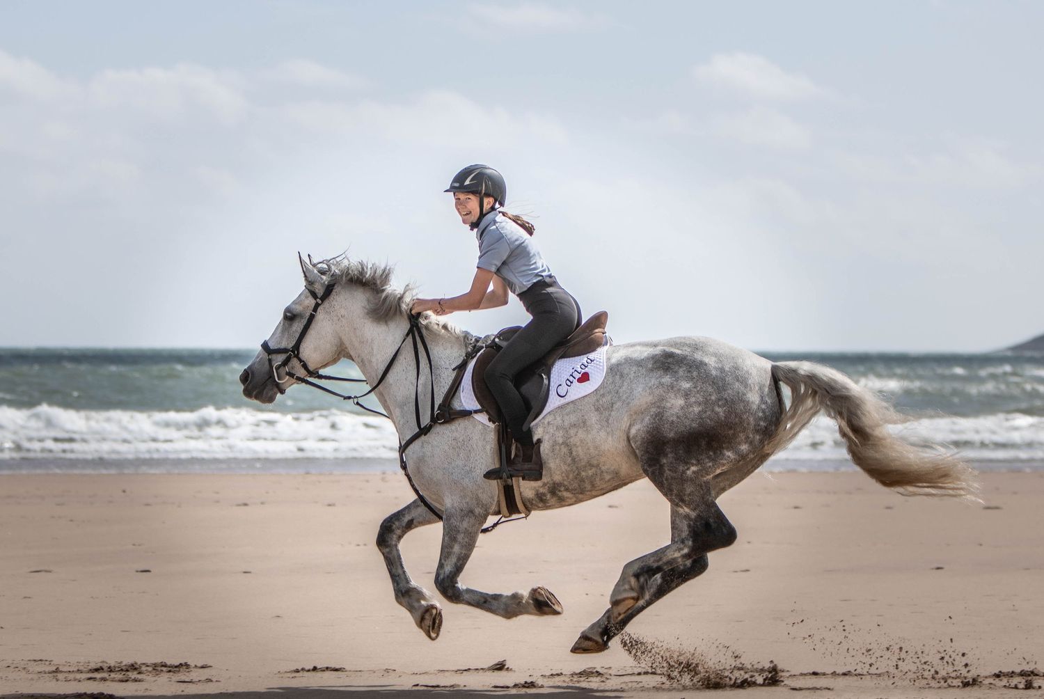 A dappled grey horse runs powerfully across the beach sand with ocean waves crashing behind.