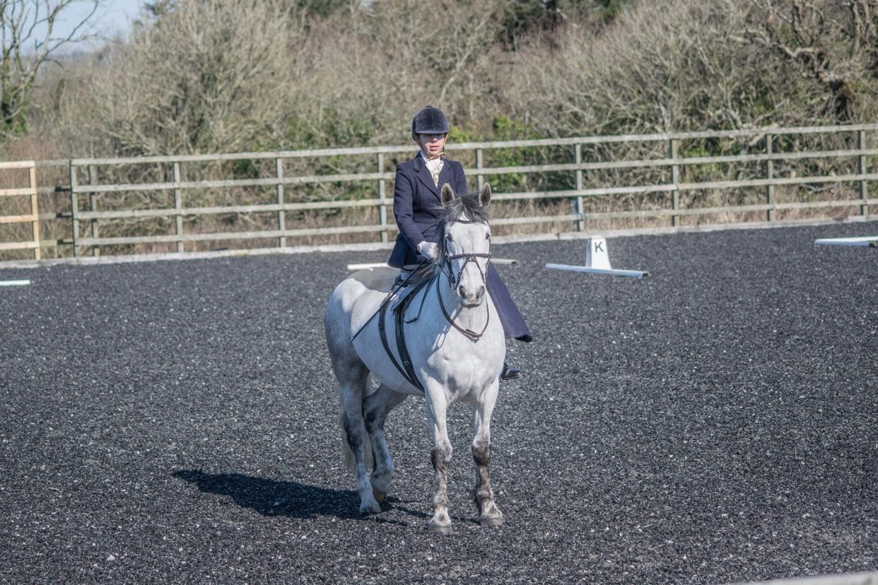 Equestrian scene showing riders practicing in an outdoor arena with railing.