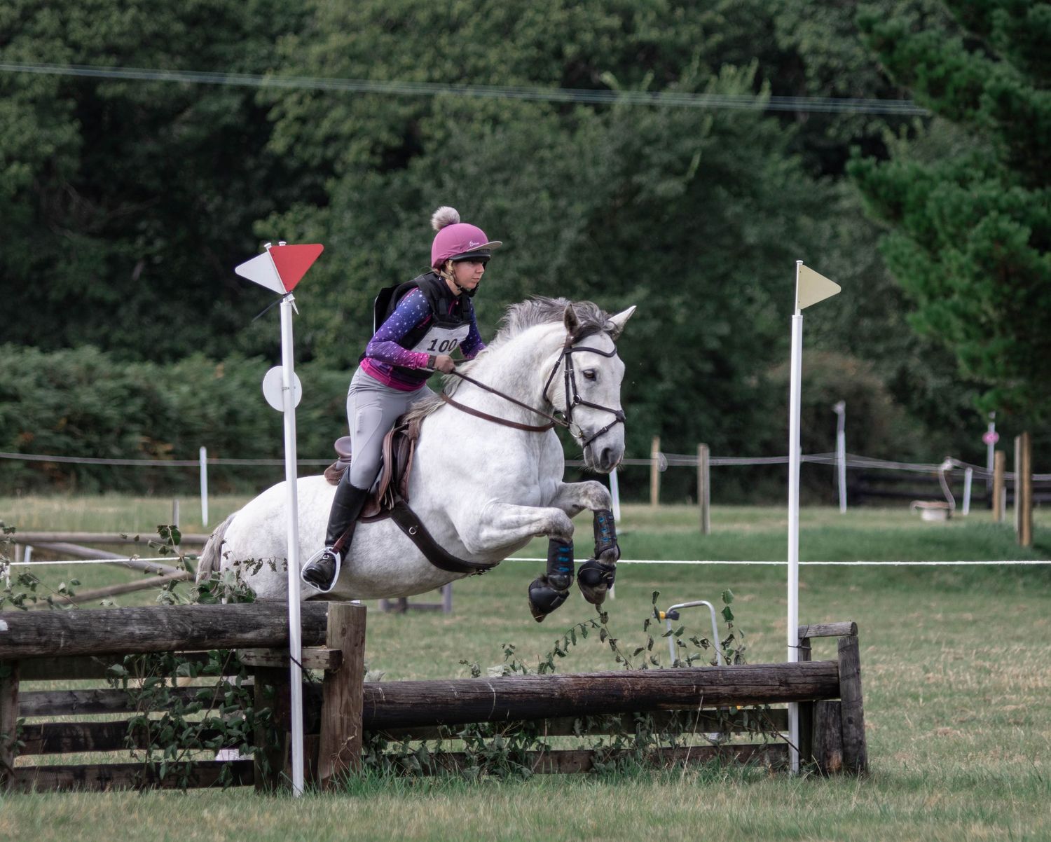 Multiple shots of horse and rider jumping over wooden cross-country fences in a green field.