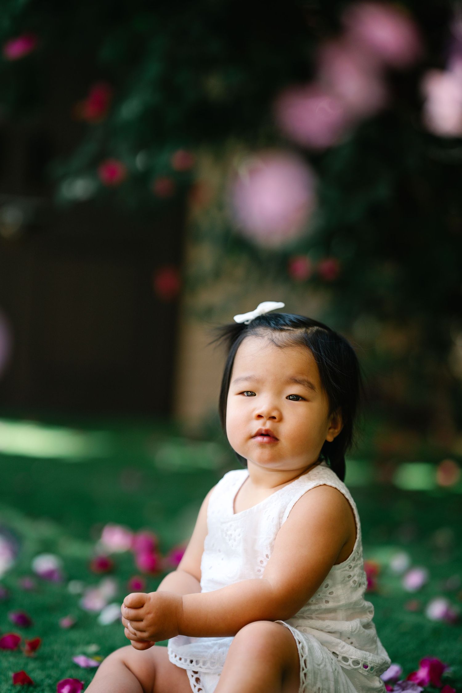 A baby in a white dress sits among pink flowers in a garden setting.