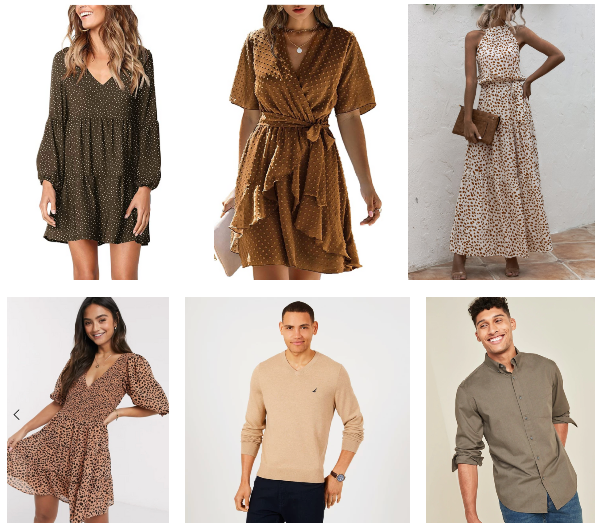Earth-toned clothing collection featuring flowy dresses and casual menswear in brown and olive shades.