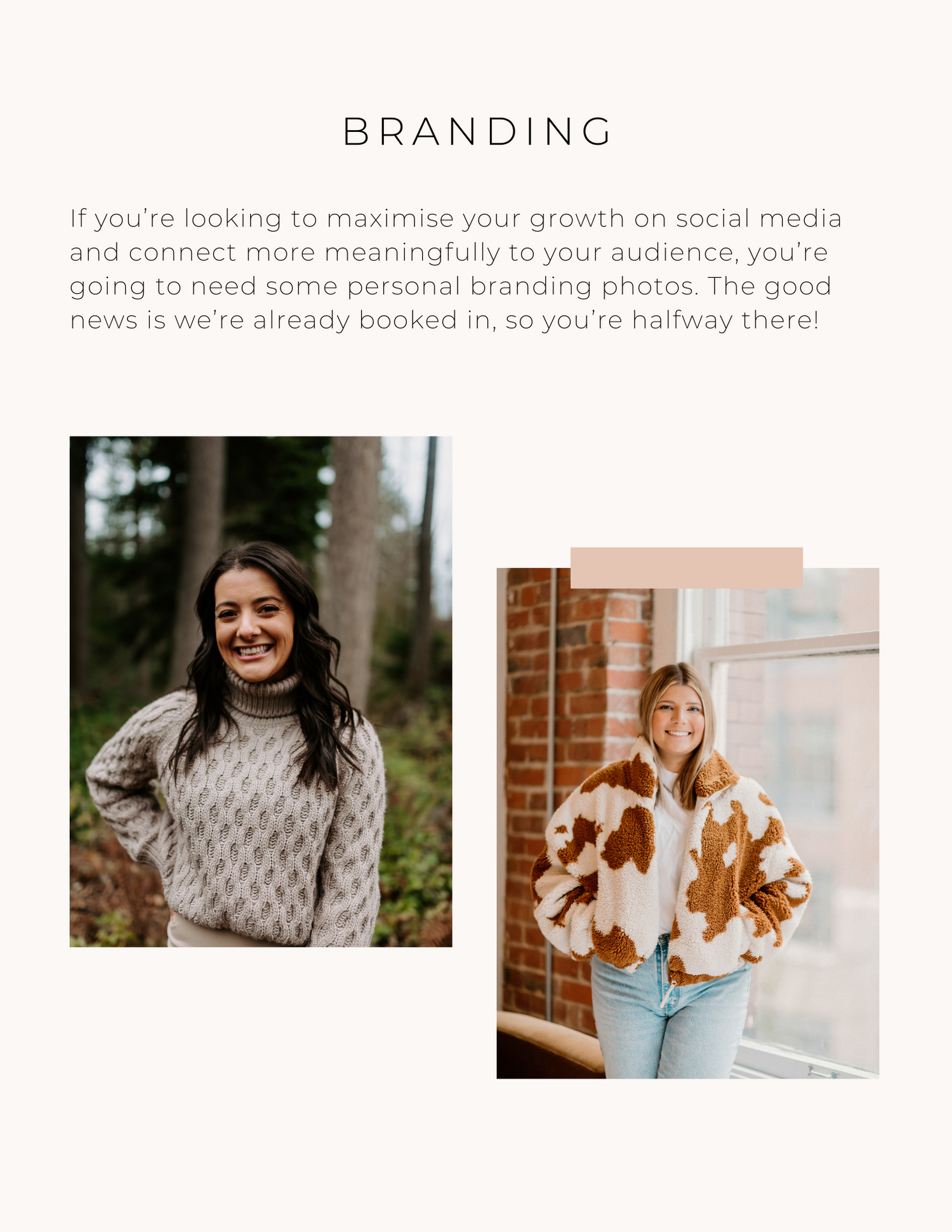 Marketing page layout showing branding photography examples and text.