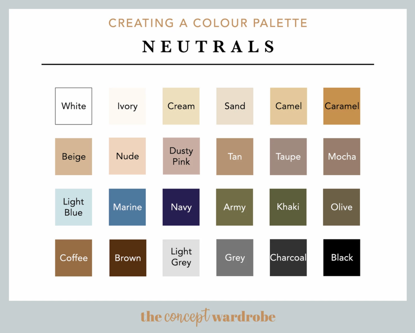 Neutral color palette chart displaying various shades from white to black including earth tones.