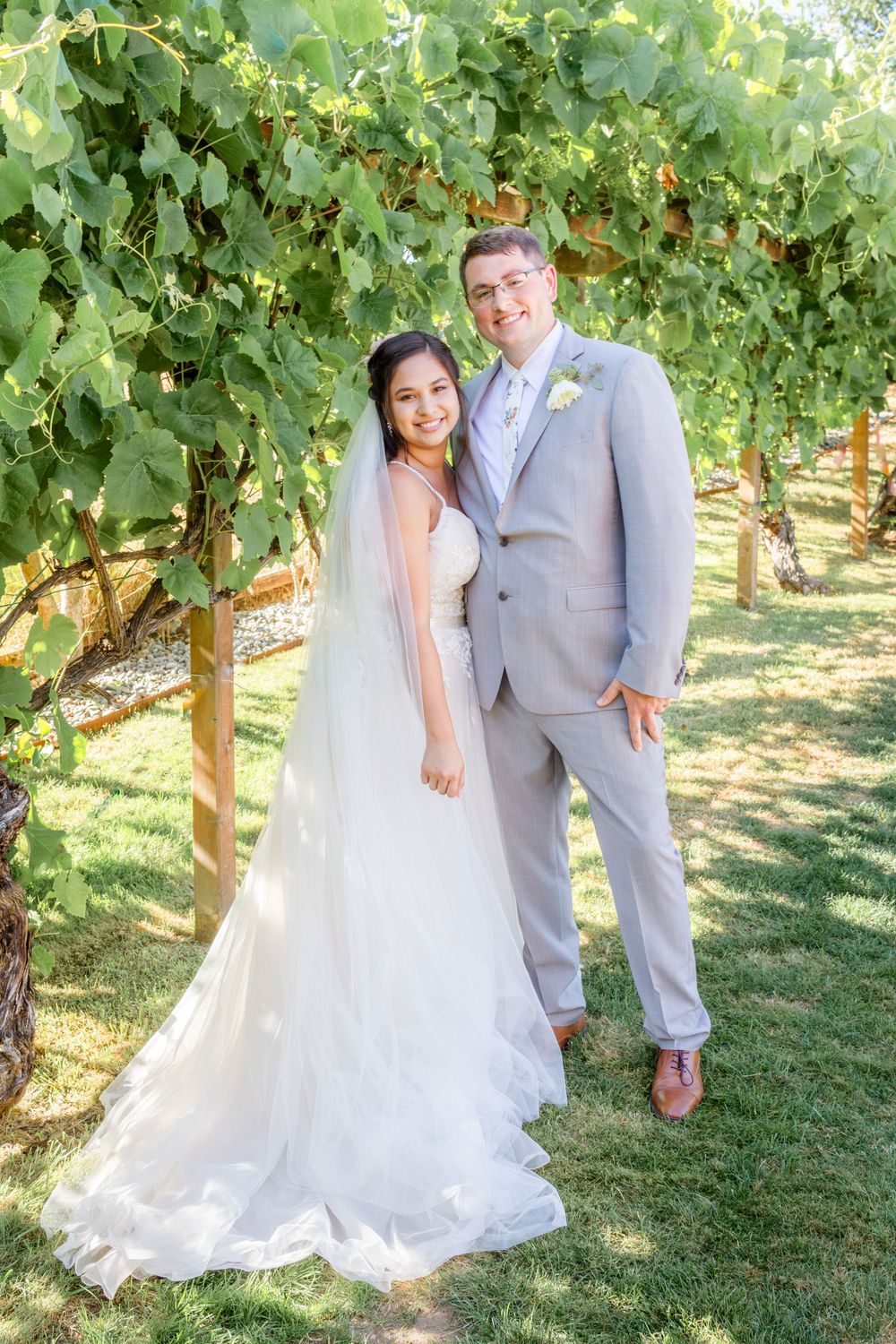 A romantic wedding couple poses together among lush green grapevines in a sunny vineyard setting.