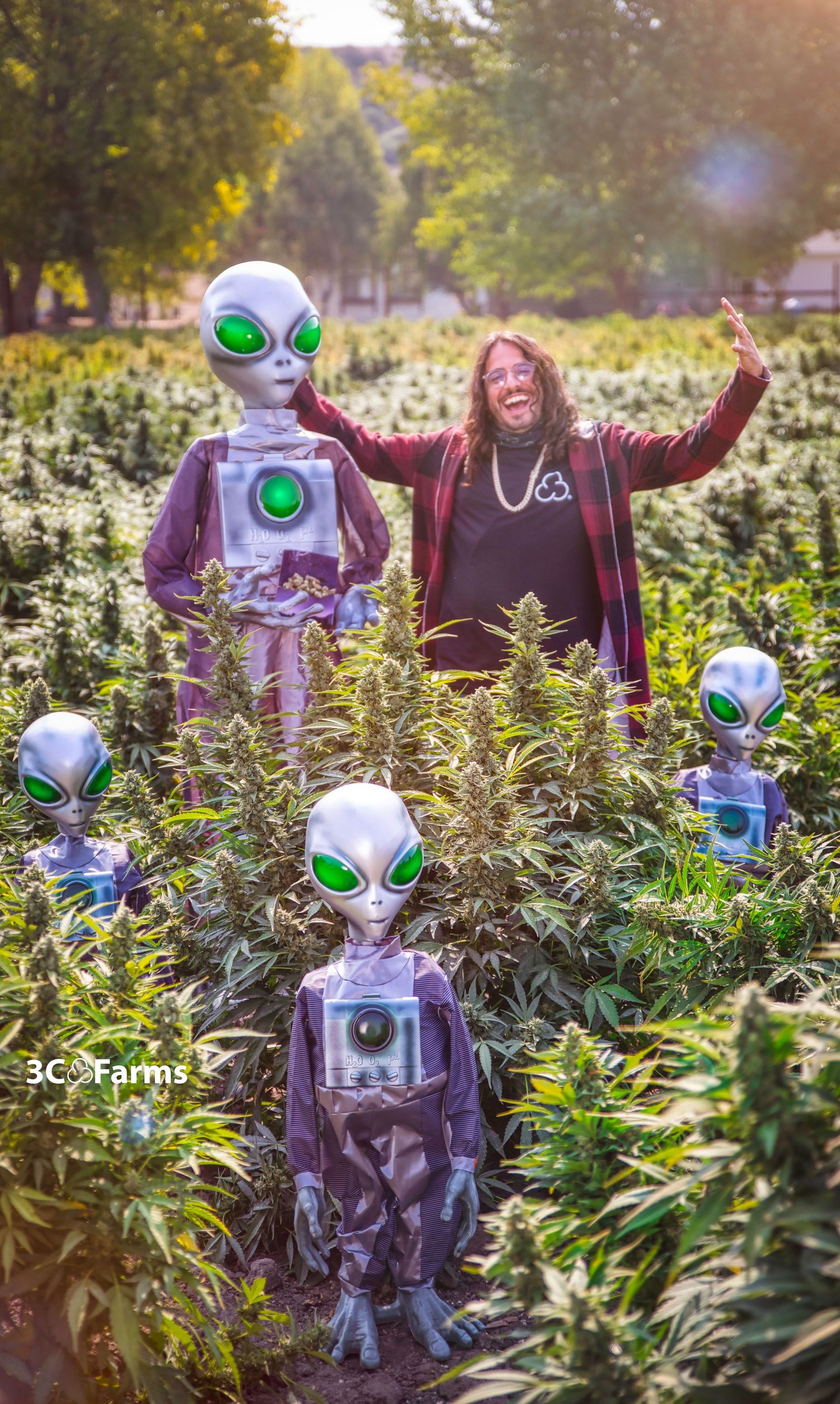 Person standing in cannabis field surrounded by decorative alien figures at 3C Farms.