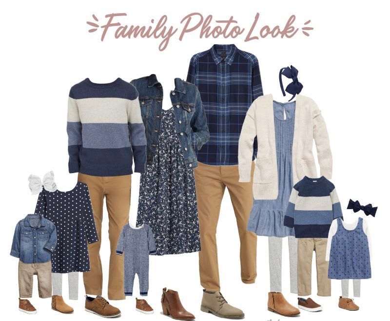 Navy and tan family clothing coordination guide with denim, plaid and floral patterns.