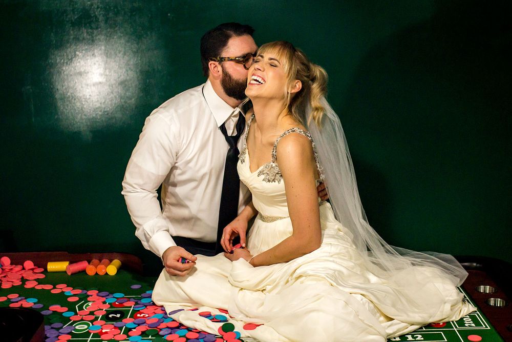 Wedding celebration scene with festive confetti and formal attire.