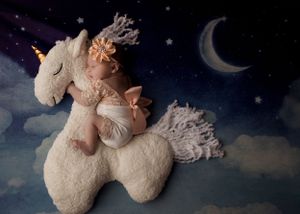 Dreamy nighttime scene with stuffed unicorn toy against starry background with crescent moon.