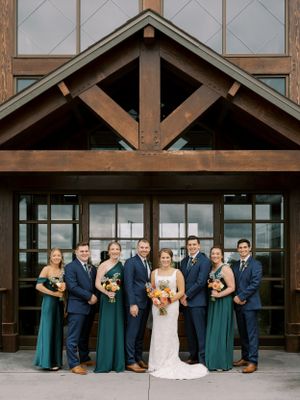 Bridal party portrait at rustic lodge style Round Lake Farms. Classic and film-inspired wedding photography in Madison, Wisconsin.