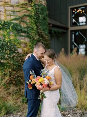 Bride and Groom portrait outdoors with ivy at Round Lake Farms. Classic and film-inspired wedding photography in Madison, Wisconsin.