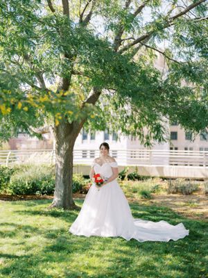 Bride portrait full length outdoor Monona Terrace rooftop. Classic and film-inspired wedding photography in Madison, Wisconsin.