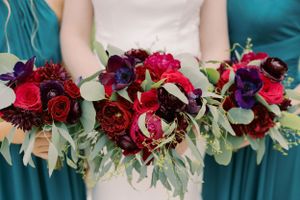 Detail image of bride and bridesmaids bouquets real flowers. Classic and film-inspired wedding photography in Madison, Wisconsin.