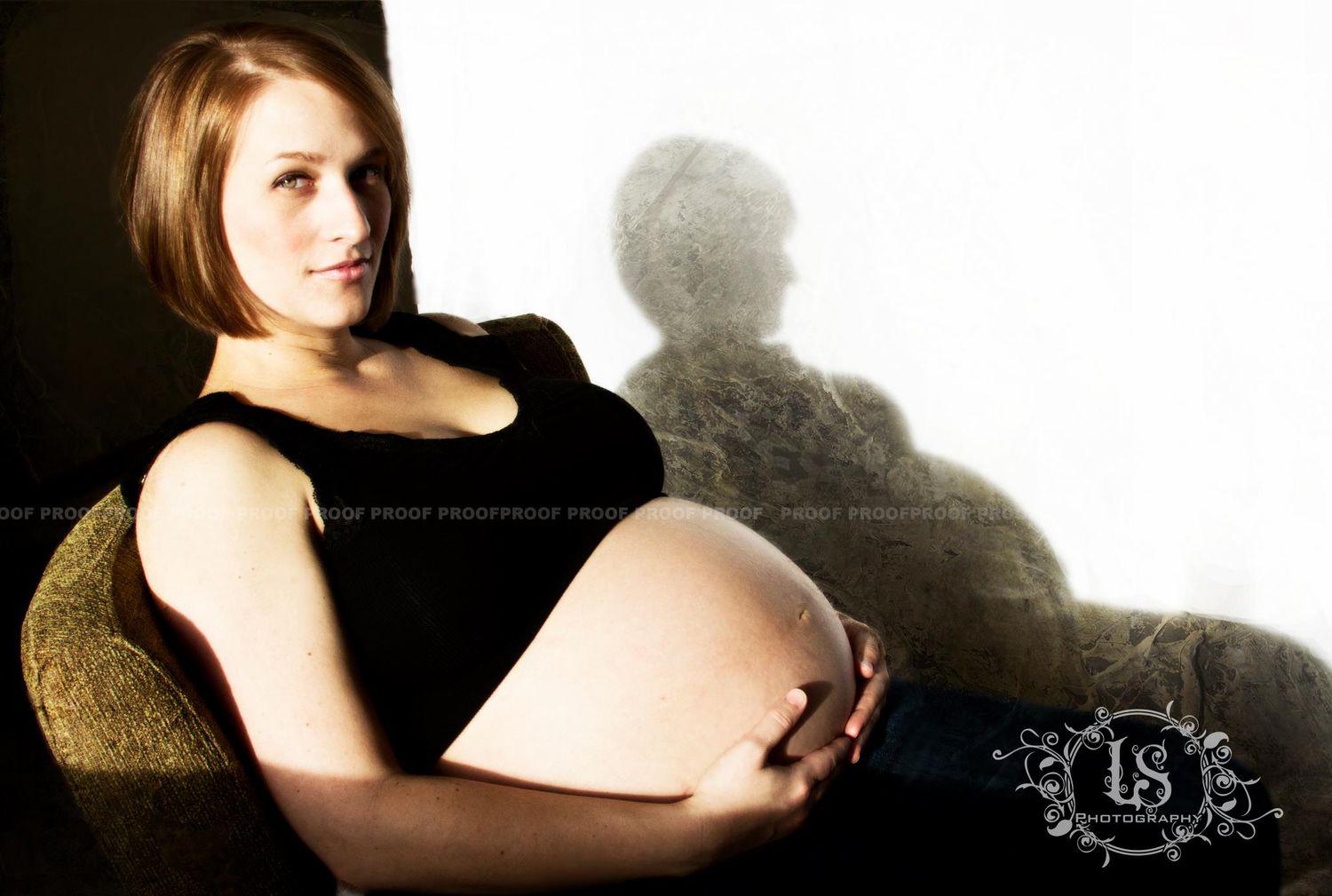 Black and white maternity photo series showing a pregnant belly in profile against dark background.