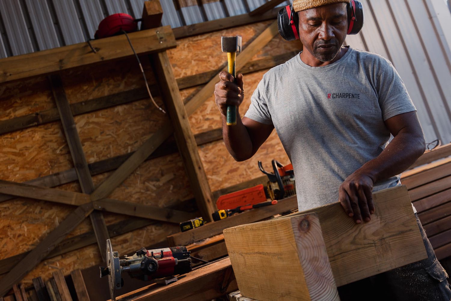 Series of workshop scenes showing hands working with tools and materials in a rustic setting.
