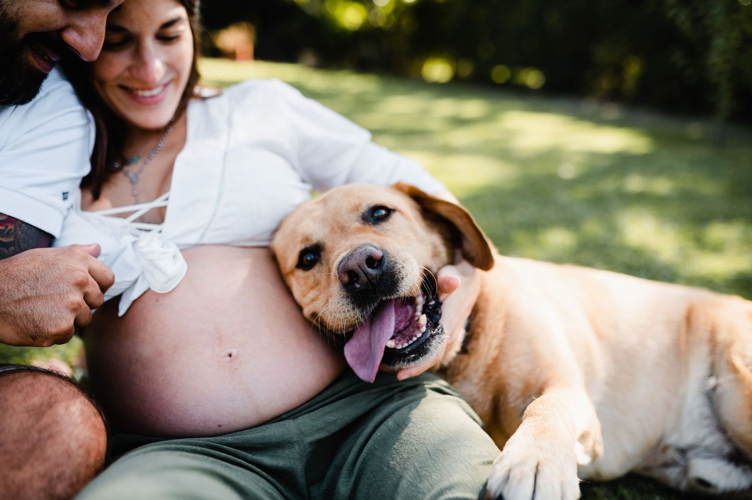A happy dog joins a couple lounging on grass during an outdoor photo session.