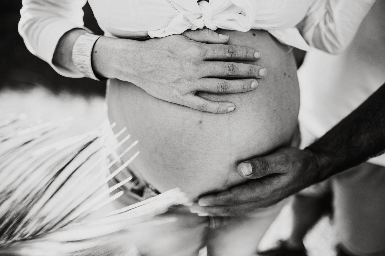 Close-up black and white photo of hands cradling pregnant belly.
