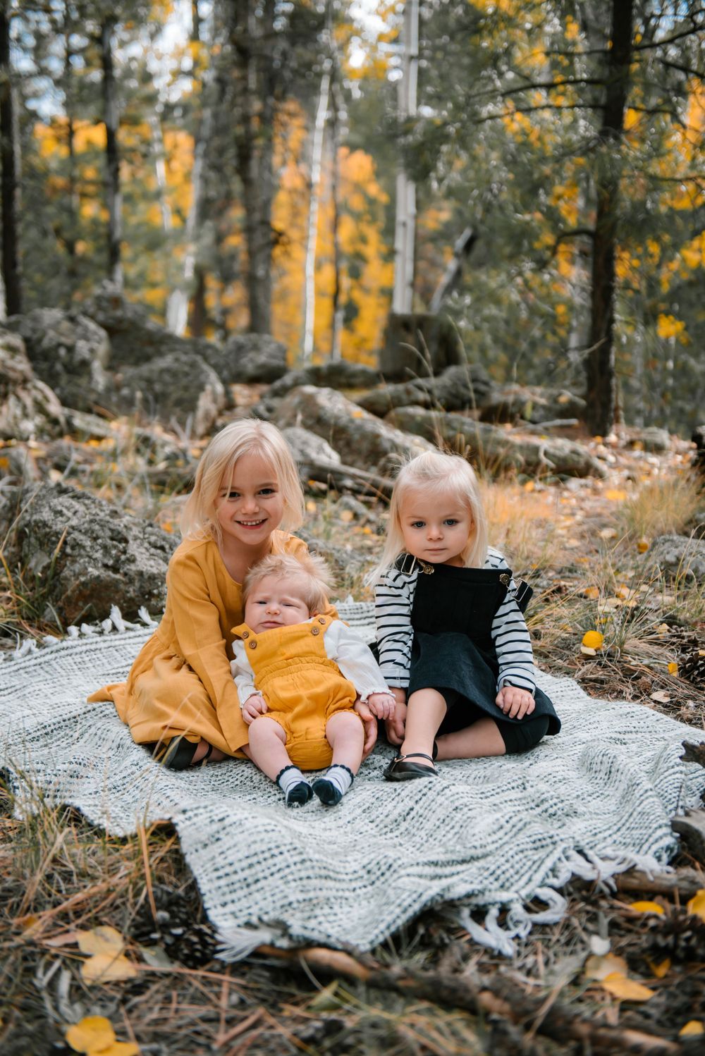 Children laying on a knit blanket surrounded by fall foliage and aspen trees.
