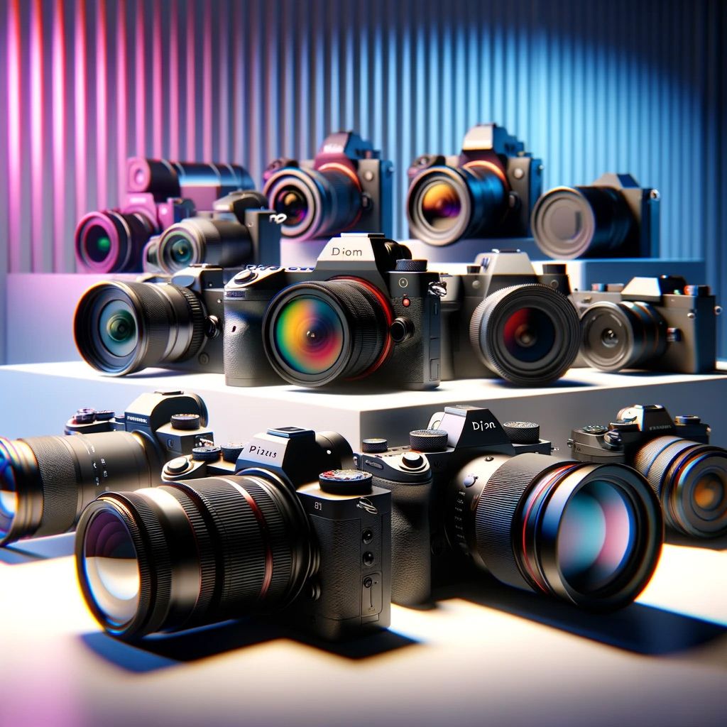 Collection of modern professional cameras and lenses displayed with dramatic pink and blue lighting.
