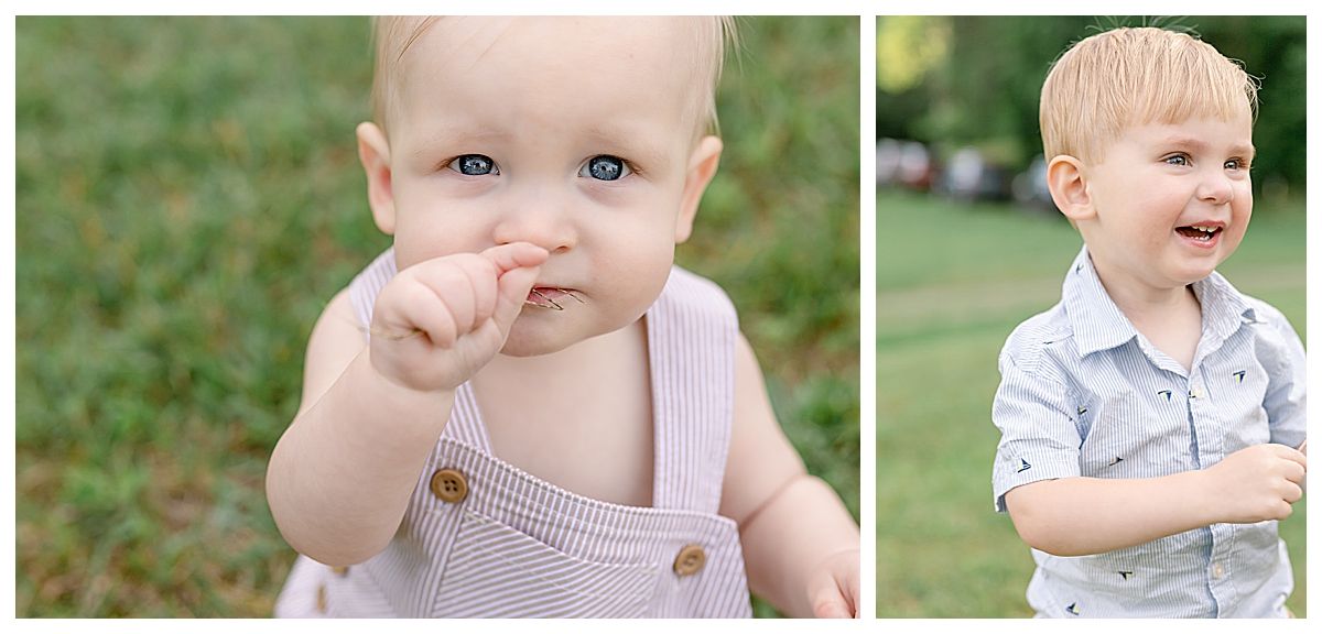 baby in overalls with blue eyes, laughing child, studio photographer chattanooga, family photo location ideas