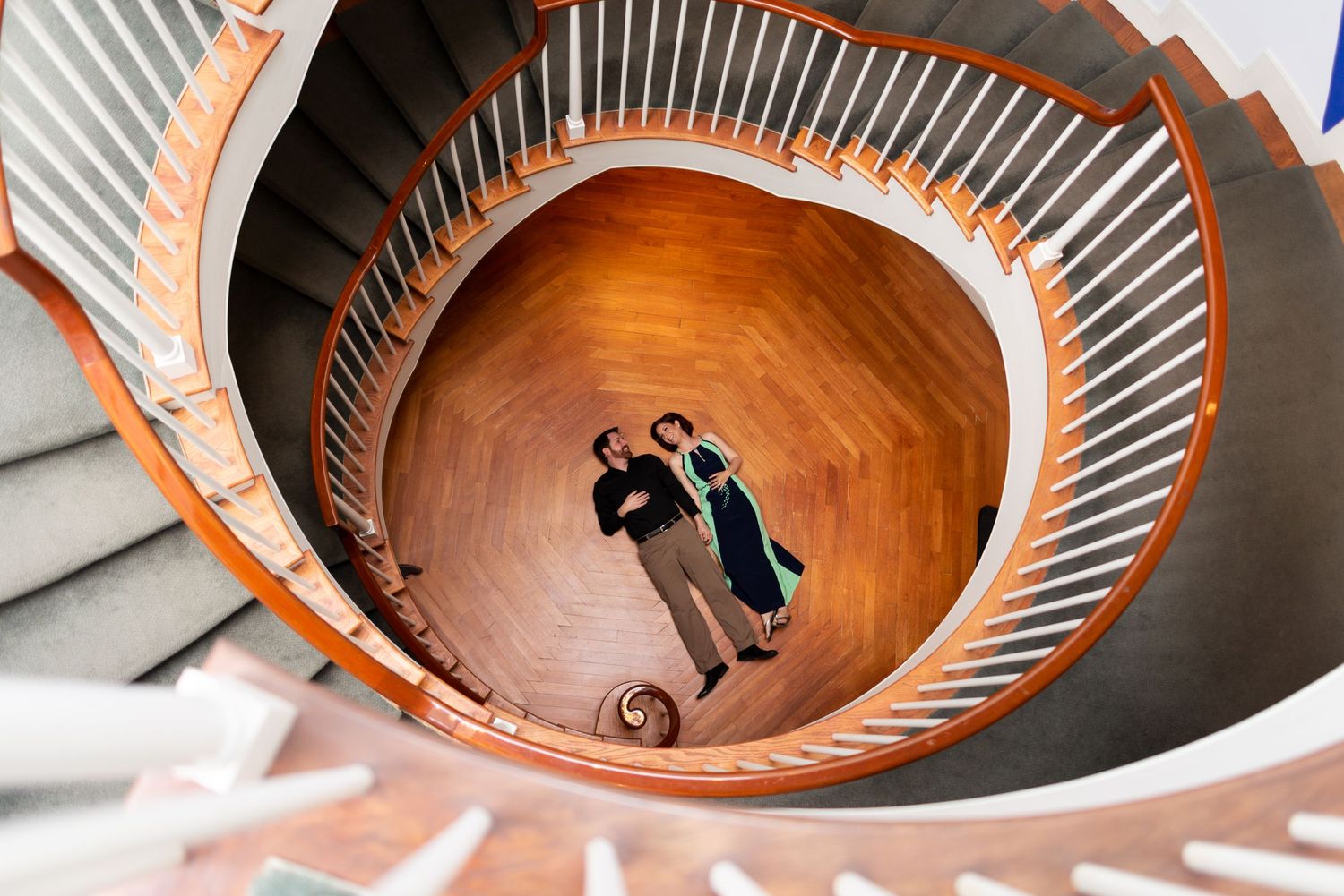 Engagement portraits spiral staircase Peabody Essex Museum Salem MA Leah Ramuglia Photography
